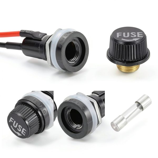 MECCANIXITY 2 Pcs Panel Mount Fuse Holder, 10/15A AC 125/250V 5 x 20mm Fuse Spade Terminal Screw Cap Fuse Holders with Pre-Soldered Wires and 15A Glass Tube Fuses-2