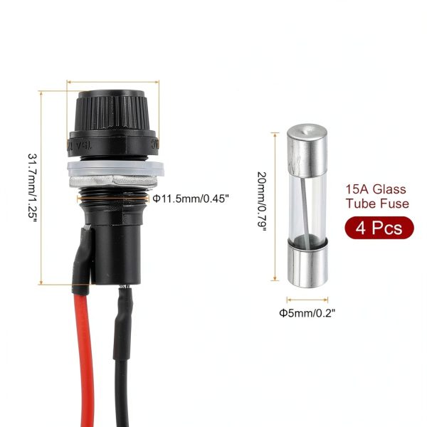 MECCANIXITY 2 Pcs Panel Mount Fuse Holder, 10/15A AC 125/250V 5 x 20mm Fuse Spade Terminal Screw Cap Fuse Holders with Pre-Soldered Wires and 15A Glass Tube Fuses-1