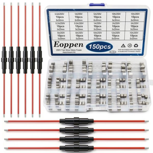 5x20mm 6x30mm Fuse Holder by Eoppen – 10 Pack with 150 Glass Fuses-0
